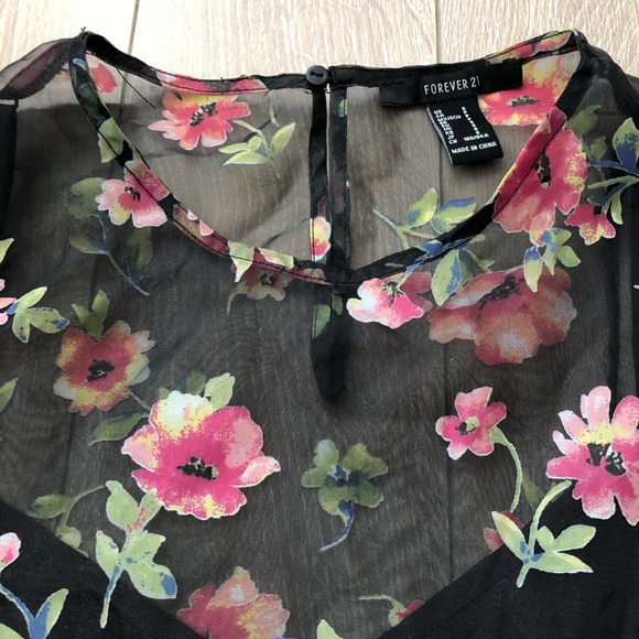 Forever 21 Floral Puff Sleeve Sheer Chiffon Top in Black Size S - Picture 2 of 9